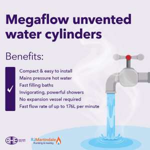 RJ Martindale summarises the benefits of a Megaflo unvented water cylinder next to a graphic of a hot water tap with steam rising