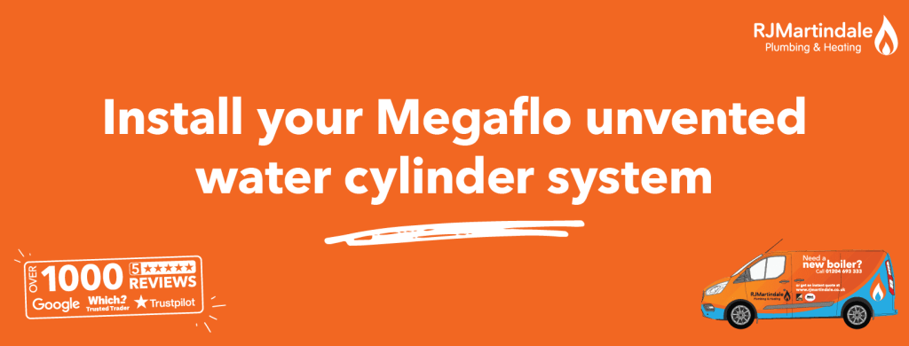 Text on an orange RJ Martindale graphic that reads, install your Megaflo unvented water cylinder system