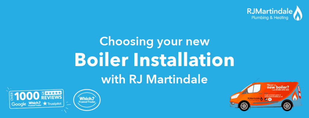 Blue graphic with white text that reads, choosing your new boiler installlation with RJ Martindale