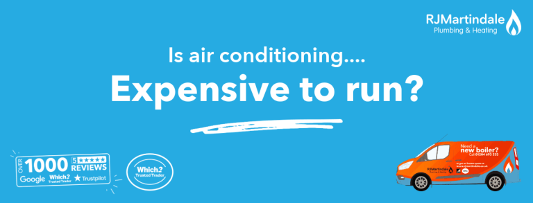 Graphic that says, is air conditioning expensive to run, and the RJ Martindale van and logo in the corners