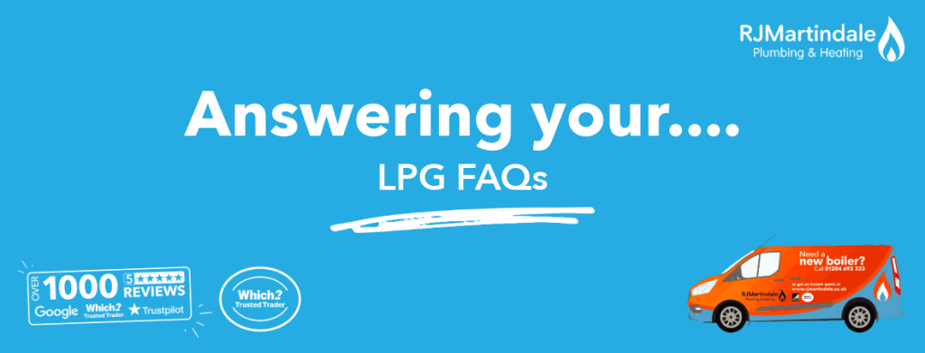 RJ Martindale blue branded graphic that says, answering your LPG FAQs with an image of an RJ Martindale orange van in the bottom right corner.