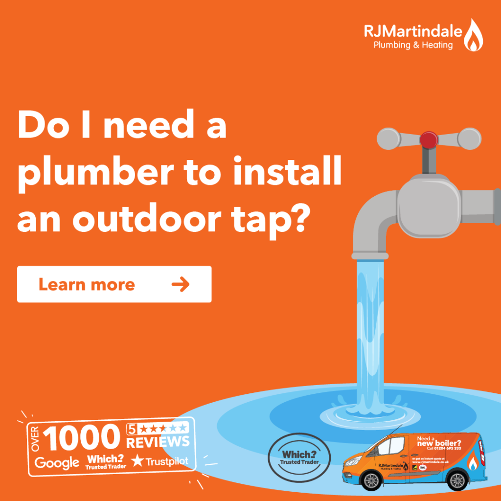 A graphic with an orange background, with an image of an orange, RJ Martindale branded van in the bottom right and text that says, do I need a plumber to install an outdoor tap?