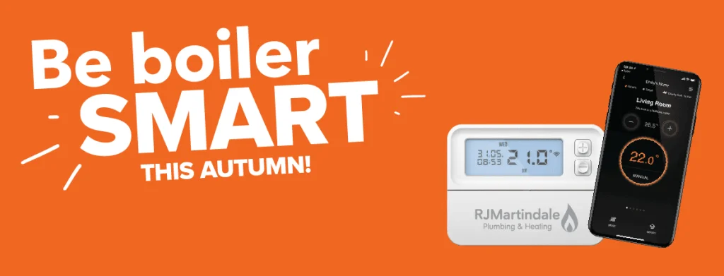 Be boiler SMART this autumn, with an image of an EPH smart thermostat with the RJ Martindale logo, next to a mobile phone with the EMBER app open on the screen